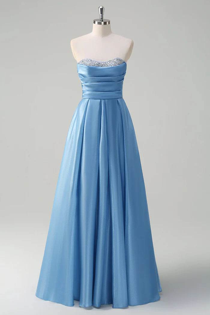 Robe Weitese Robe longue trapèze bleue scintillante à décolleté en cœur Robe de bal sans manches Robe de soirée plissée en satin